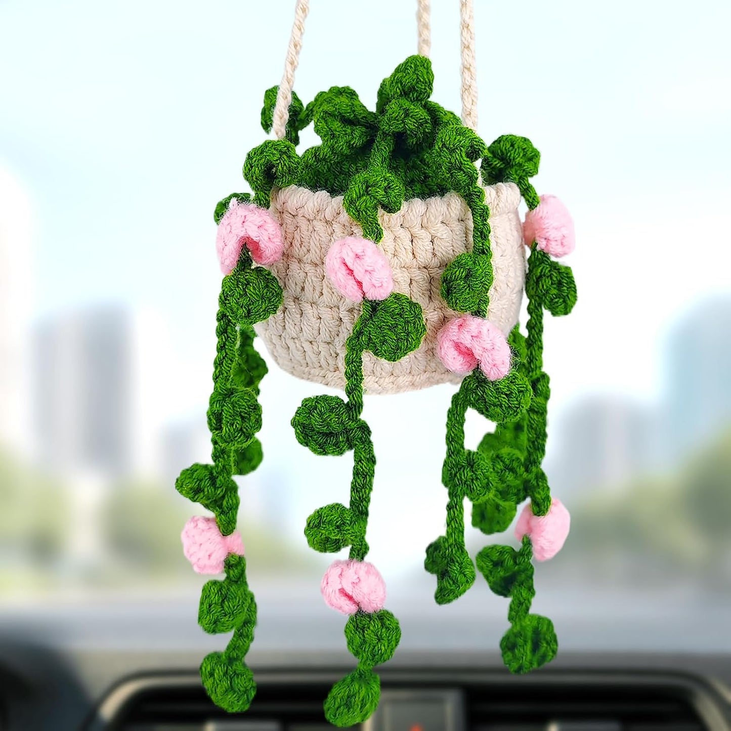 Cesta colgante plantas ganchillo para espejo coche decoración boho
