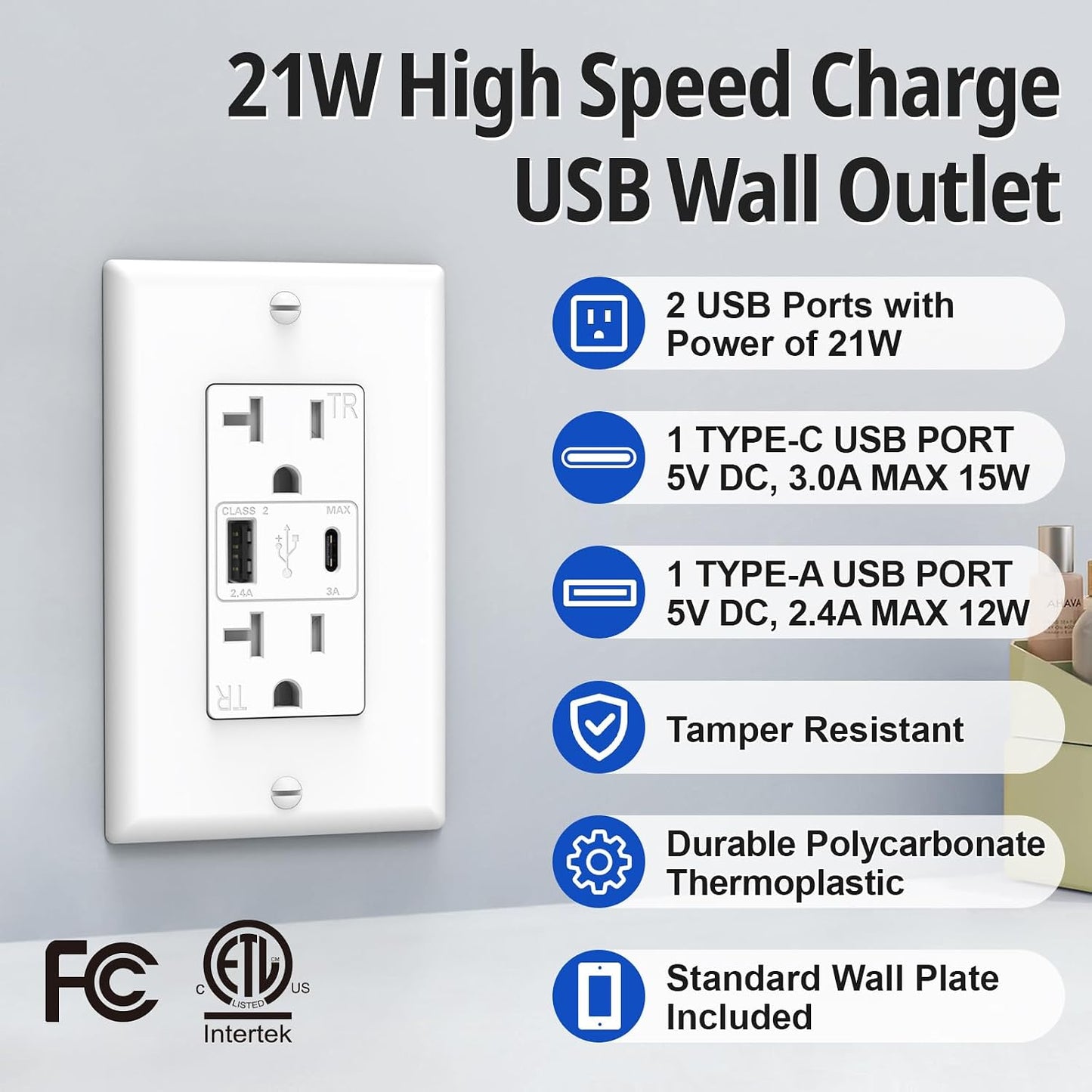 Cargador pared USB tipo A y C 20A con placa
