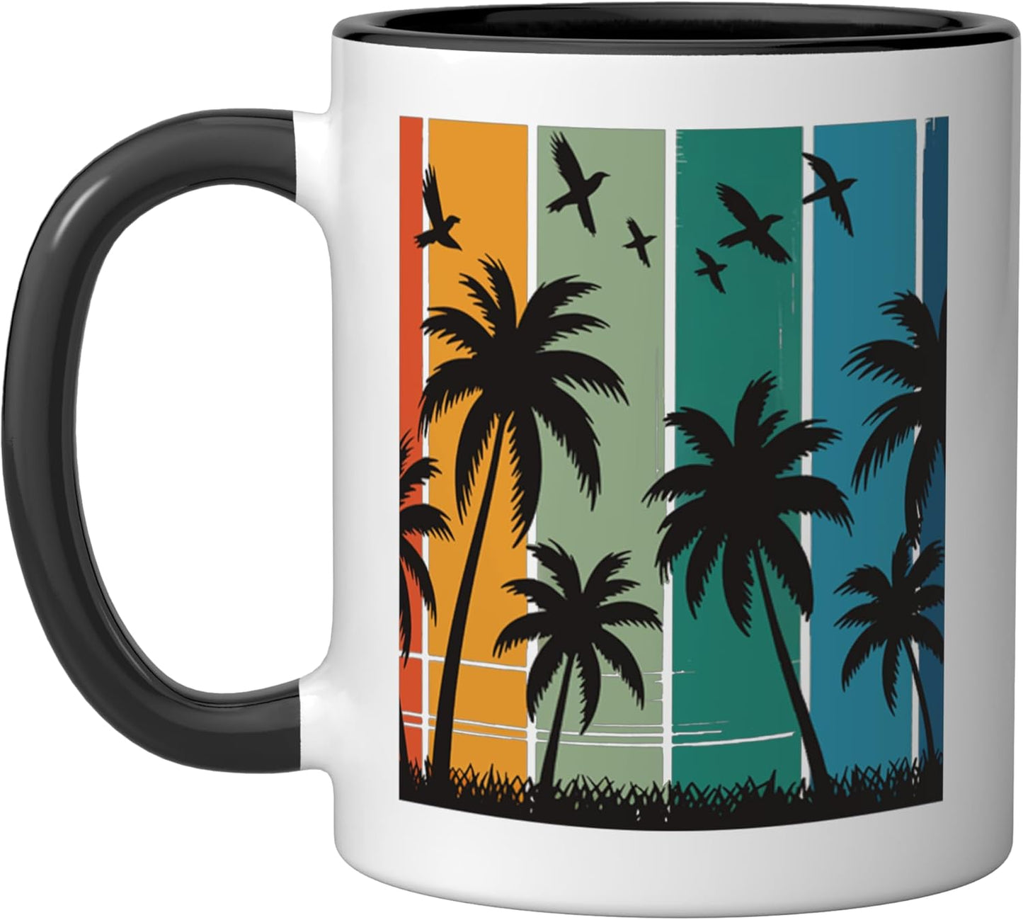 Taza cerámica retro con palma y atardecer negro/blanco