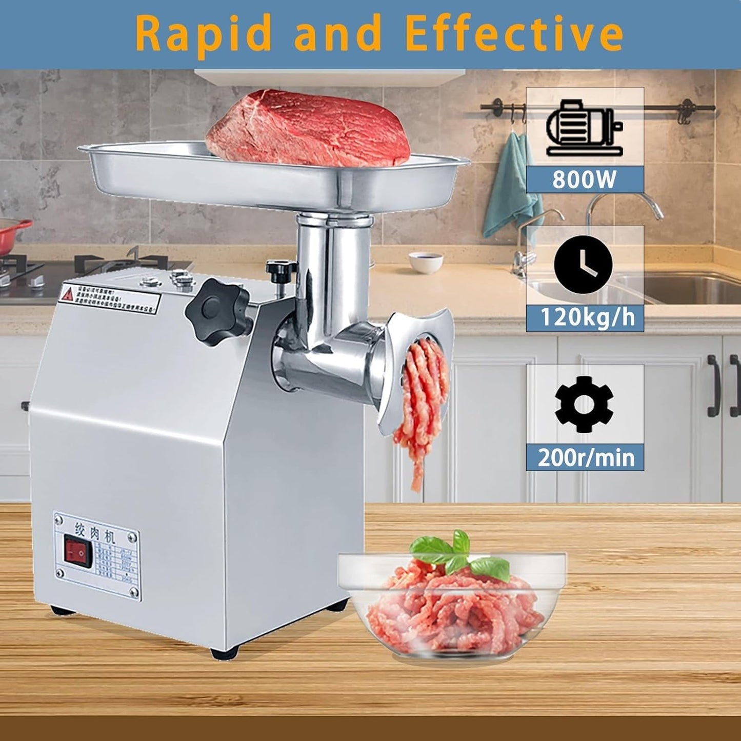Picadora carne acero inox 800W 265lb/h con cuchillas