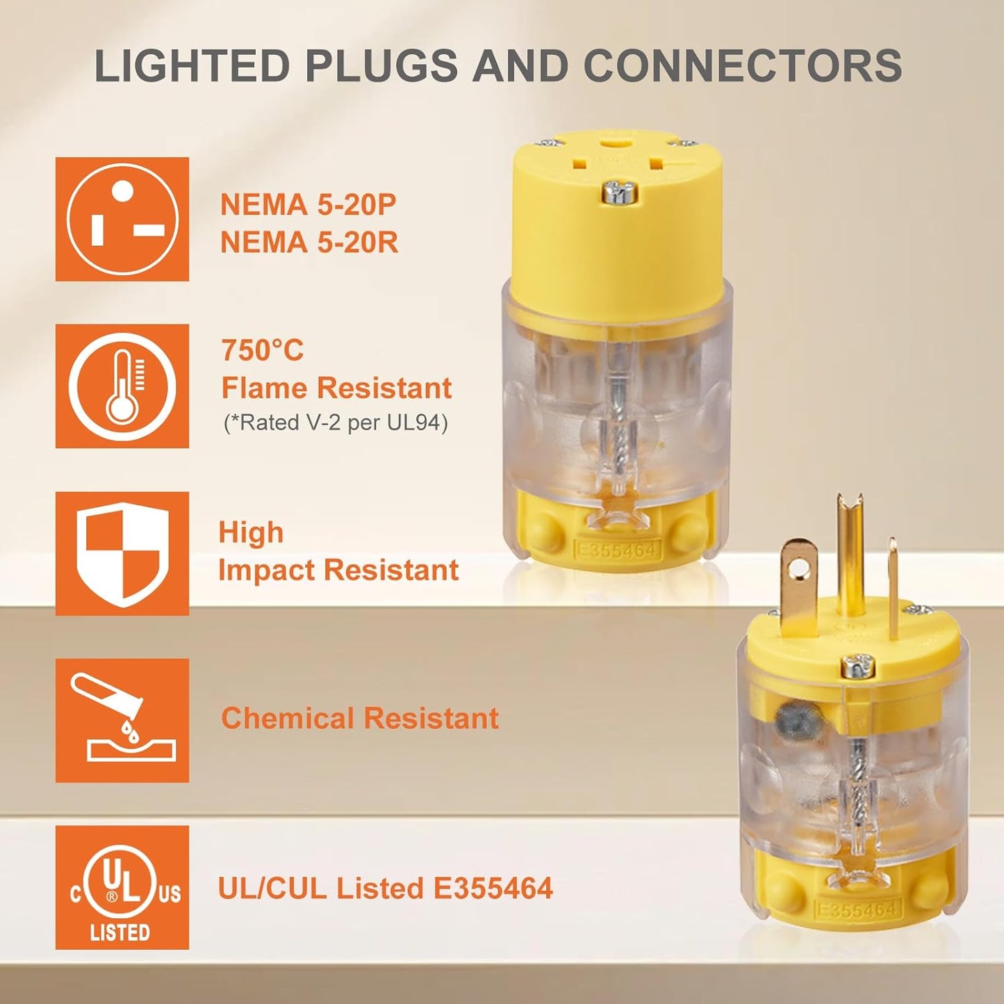 Cable extensión iluminado 20A NEMA 5-20 con conectores