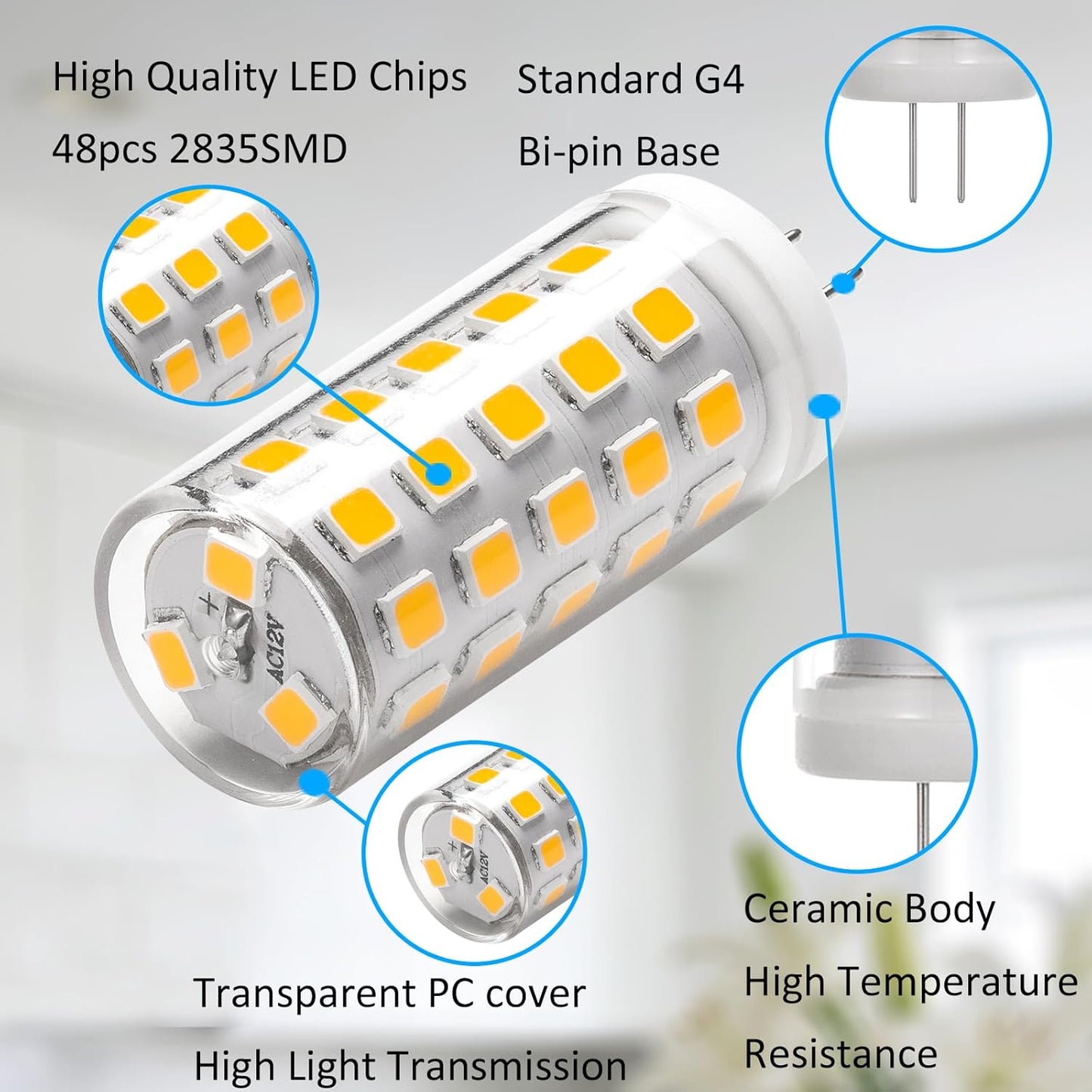 Pack 6 Bombillas LED G4 12V 4W 3000K Blanco Cálido Base Cerámica