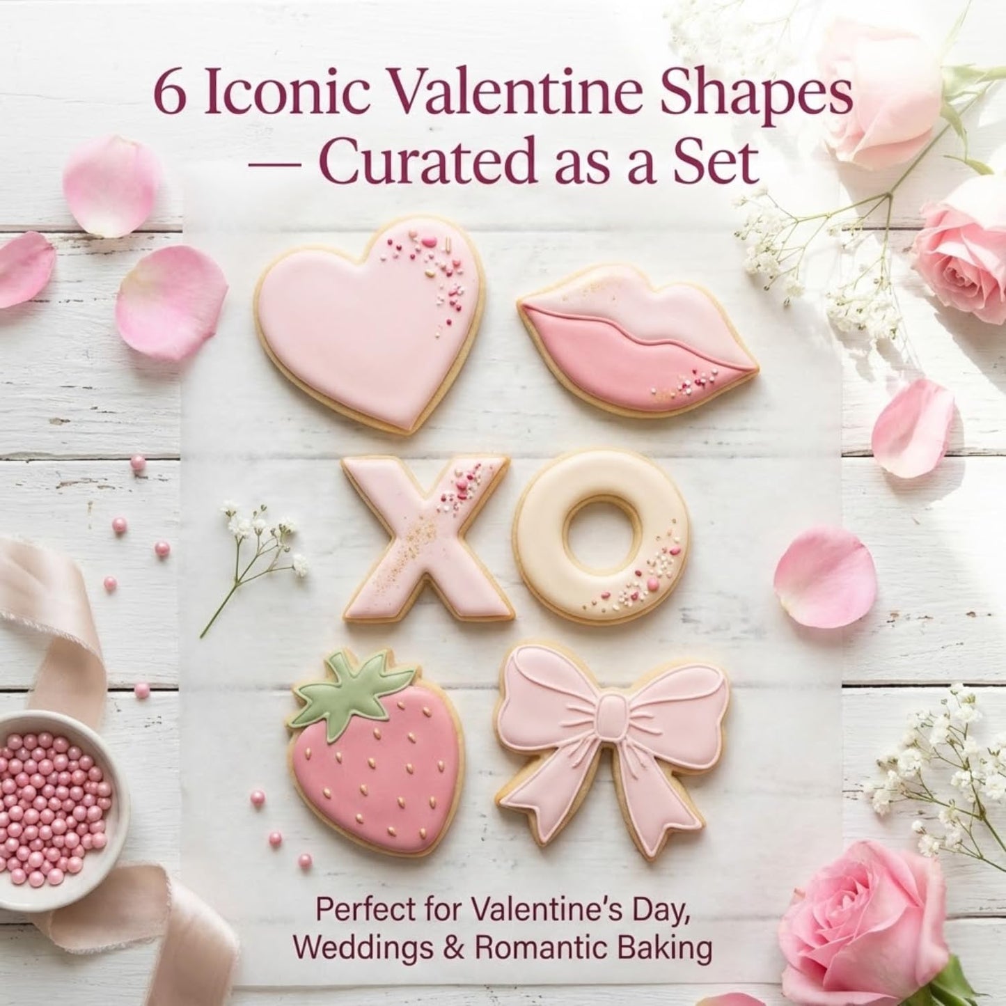Set 6 Moldes Acero Inox San Valentín Corazón Labios X O Fresa