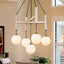 Lámpara colgante de madera 5 luces globo vidrio blanco rústica