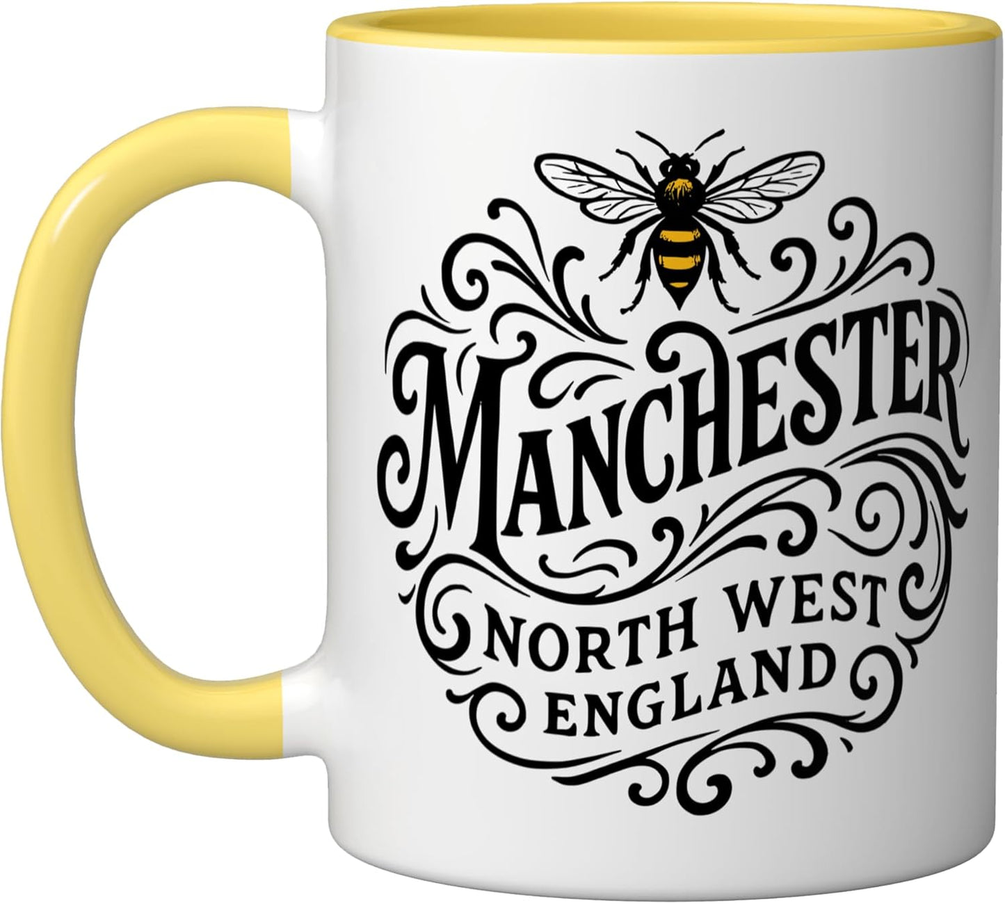 Taza cerámica Manchester North West Inglaterra decorada en amarillo y blanco