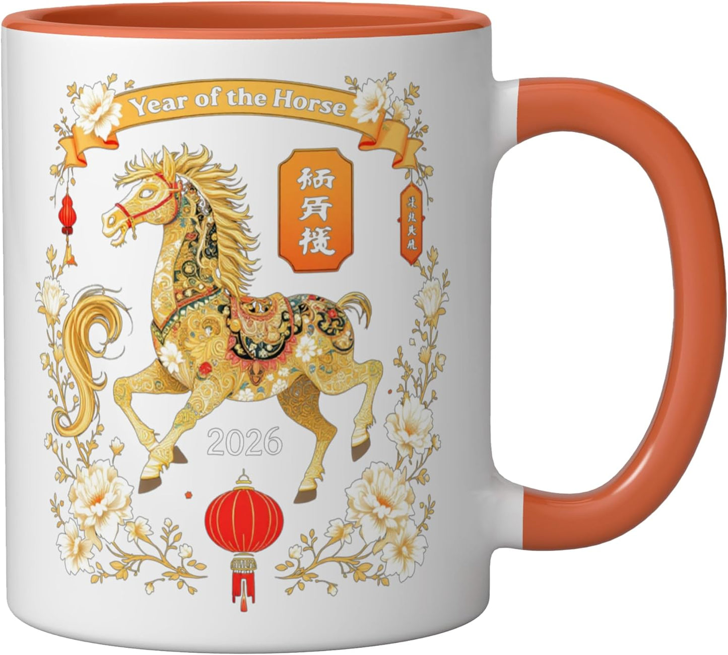 Taza Cerámica Año del Caballo de Fuego 2026 Naranja/Blanco