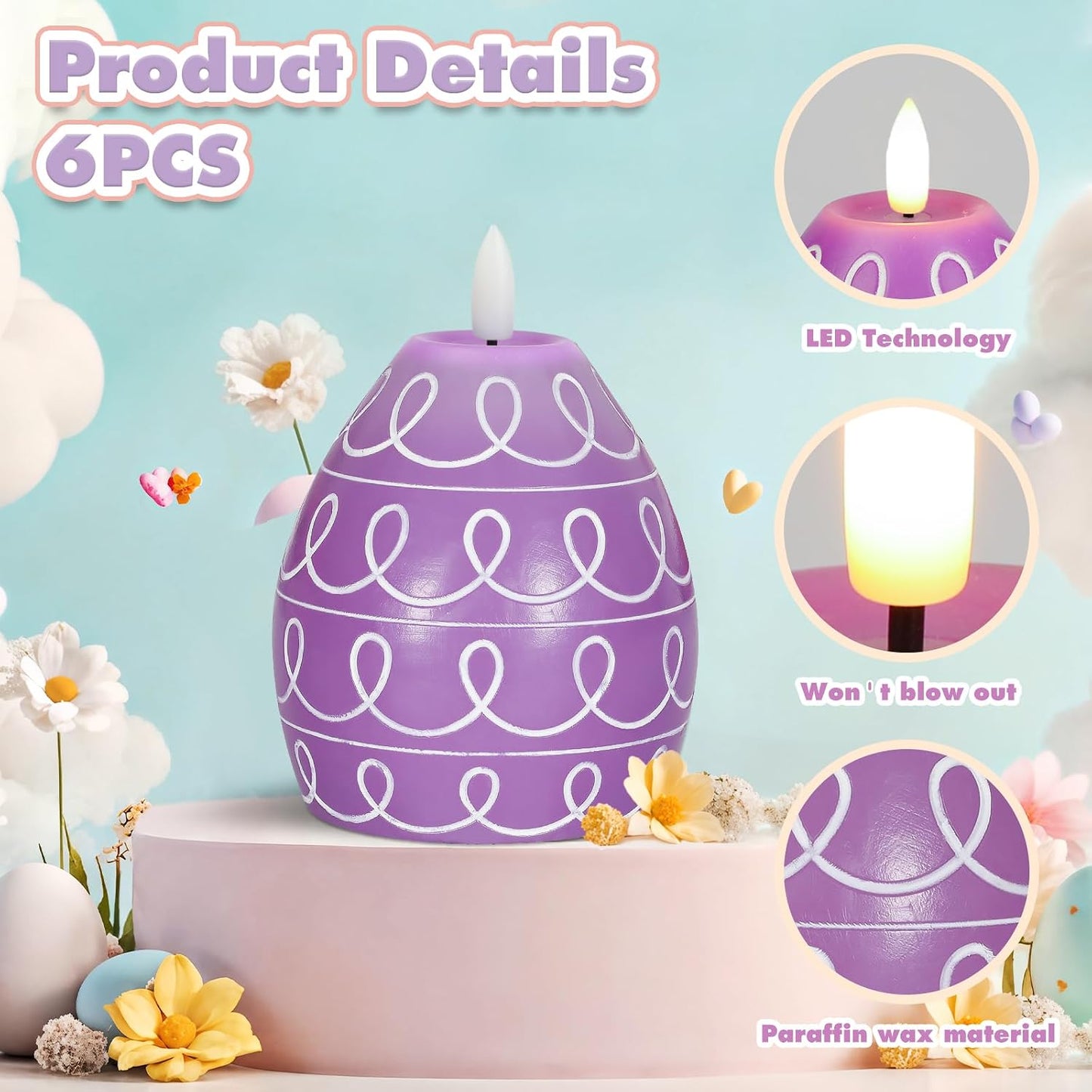 Set 6 Velas LED Huevo Pascua Perfumadas 3 Colores