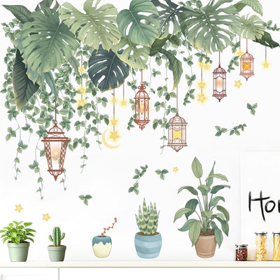 Adhesivos pared hojas tropicales con enredadera y farol