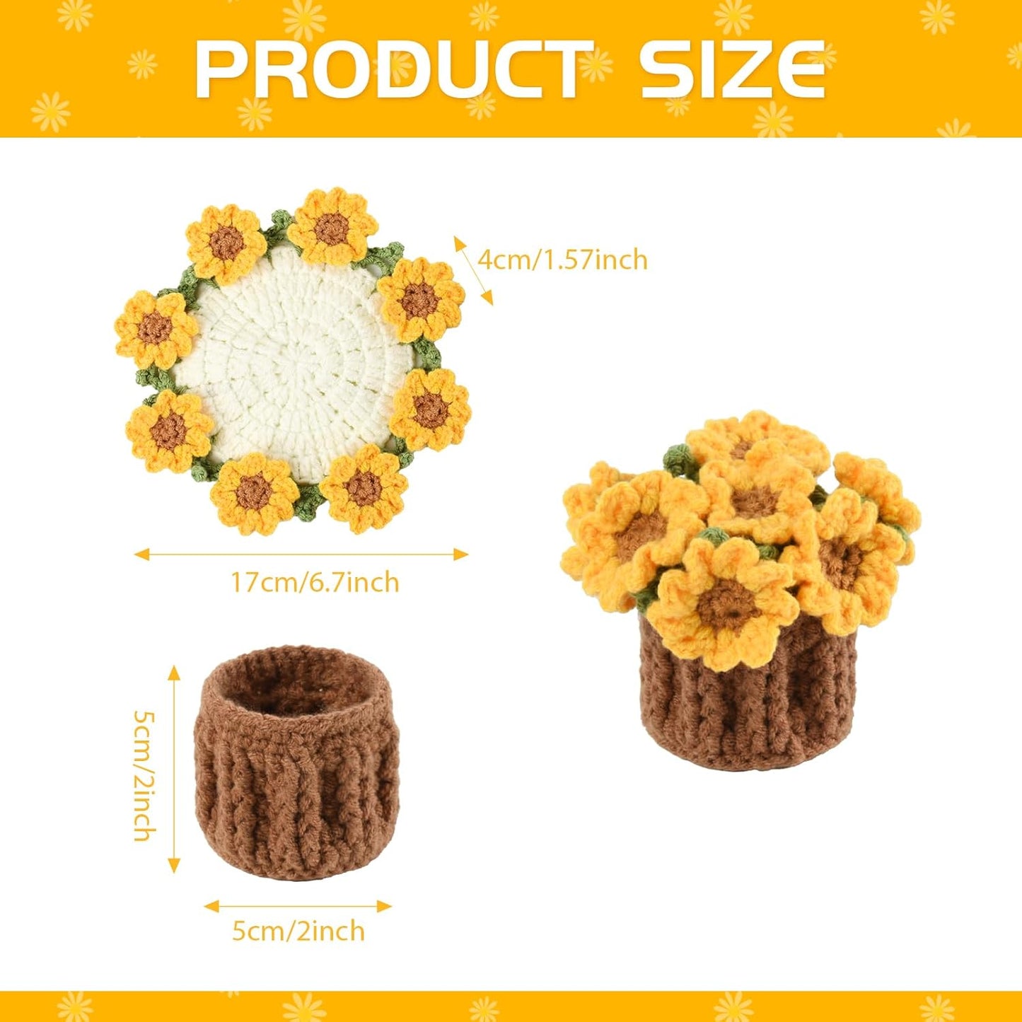 Girasol tejido a ganchillo en maceta de algodón con soporte para mesa de café