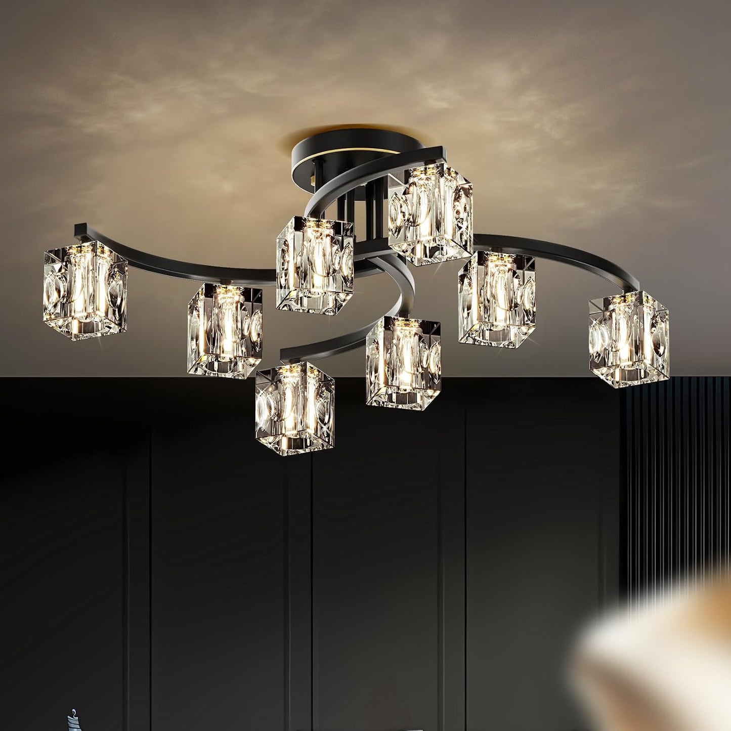 Lámpara techo Sputnik 8 luces cristal negro dormitorio comedor