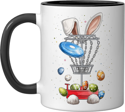 Disco de golf con diseño de conejo, orejas y taza de cerámica en negro y blanco