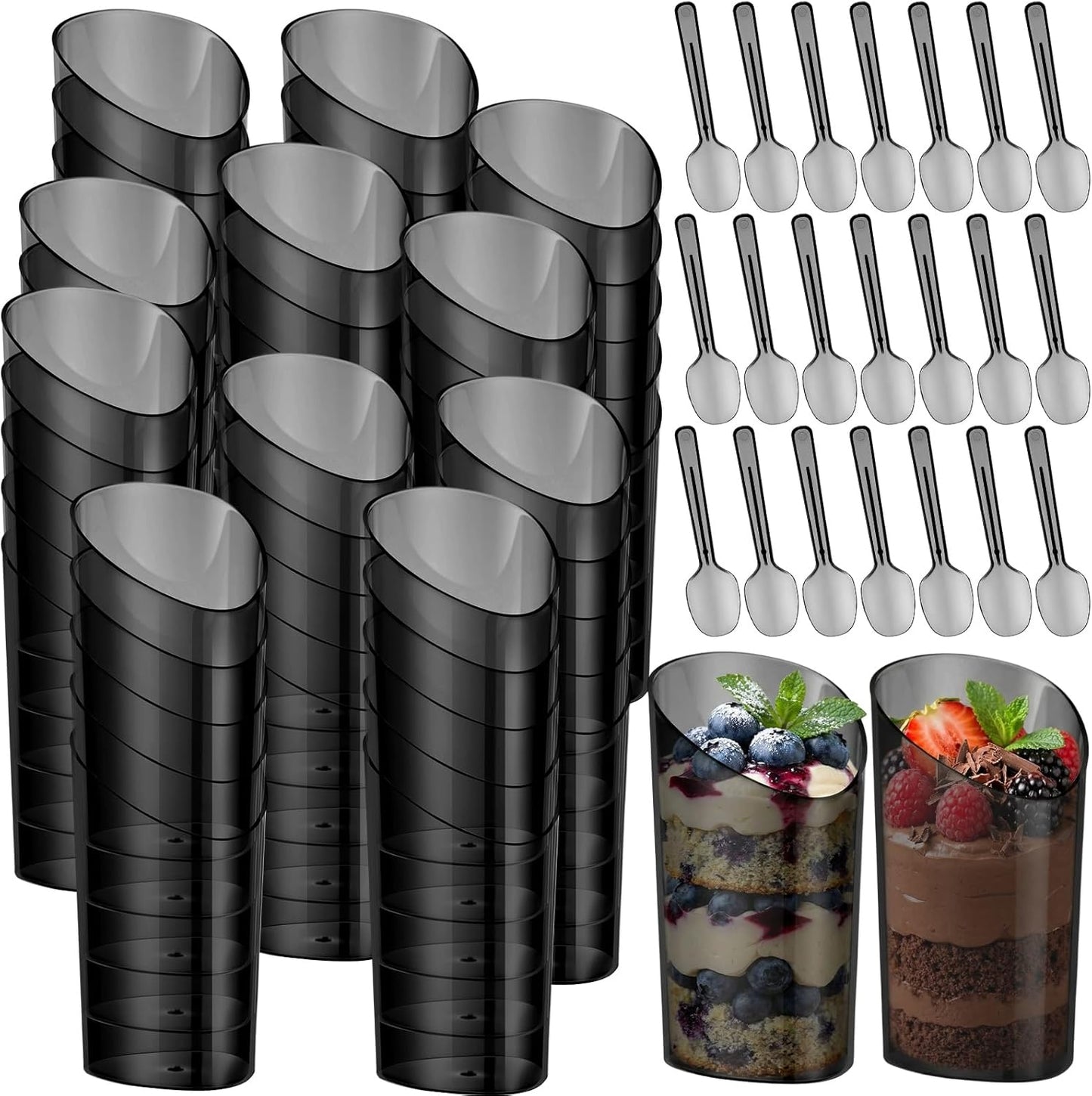 Juego de 50 mini tazas de postre con cucharas plástico negro redondo para yogur, mousse y fiestas