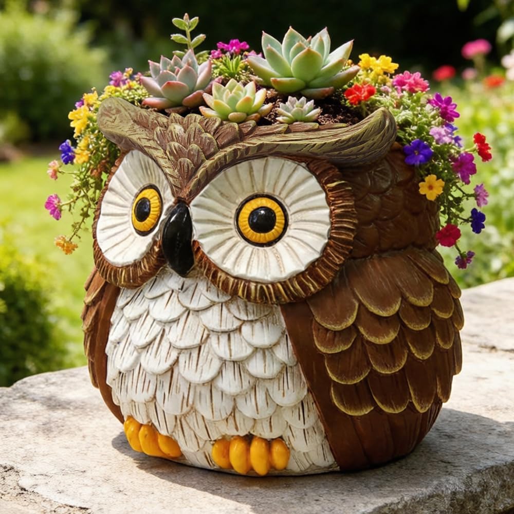 Macetero búho pintado a mano para escritorio y jardín
