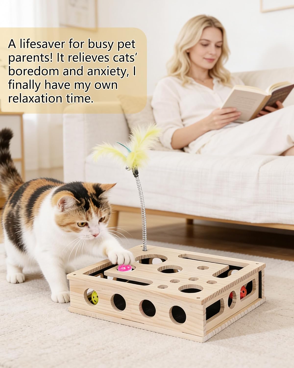 Caja interactiva para gatos con rompecabezas y juguetes