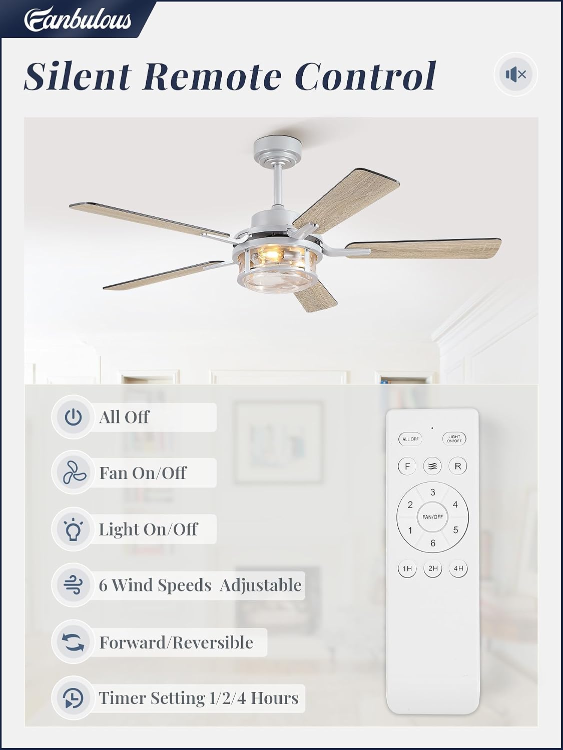 Ventilador techo 52pulg luz control remoto motor CC