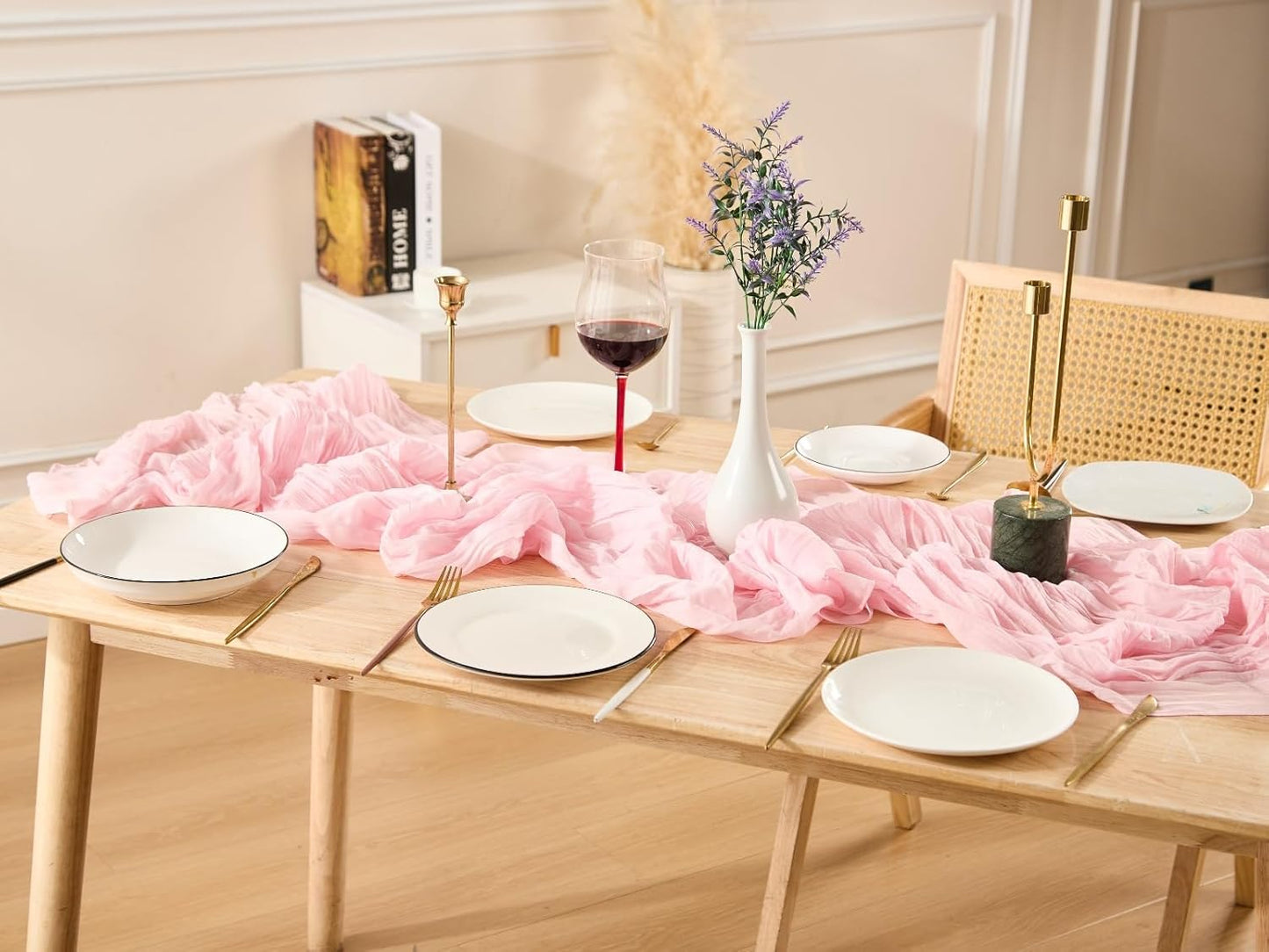 Paquete de 3 caminos de mesa rosa rubor bohemios estopilla gasa centros de mesa transparentes
