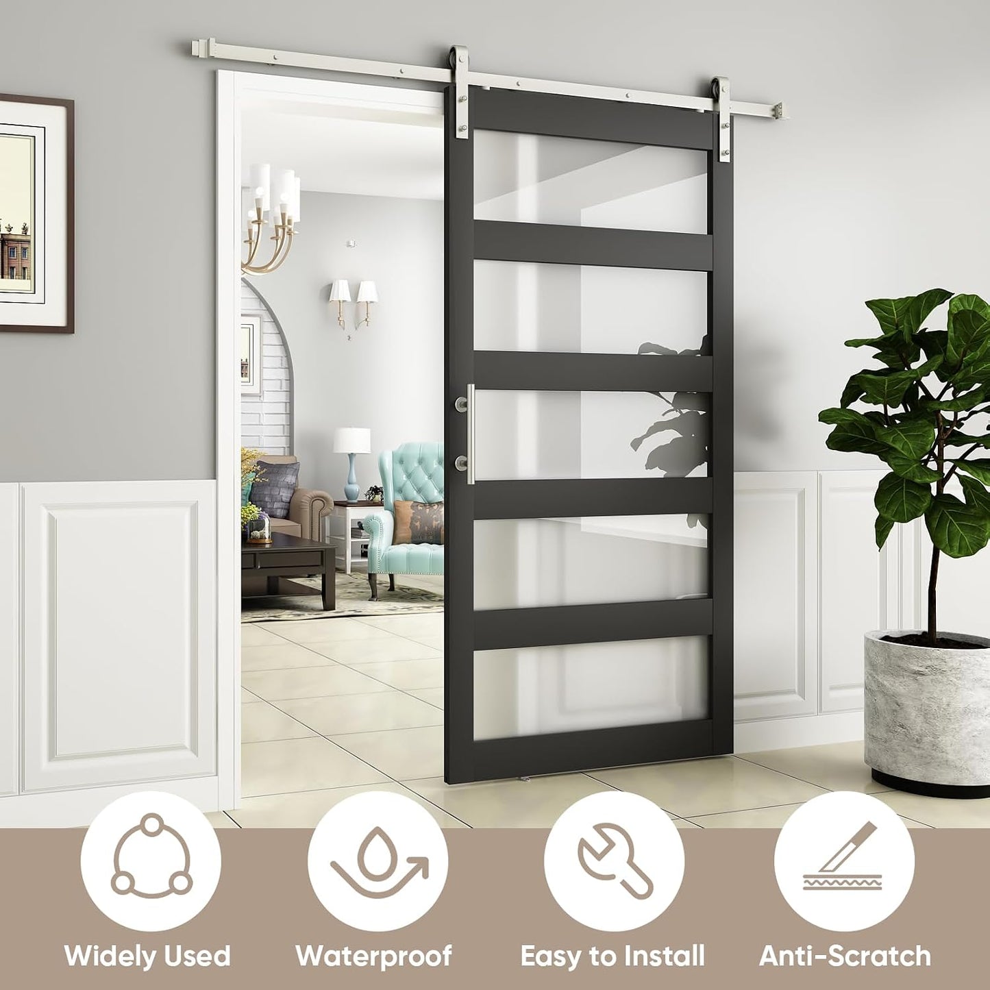 Puerta granero vidrio 48x96pulg níquel 5 paneles madera
