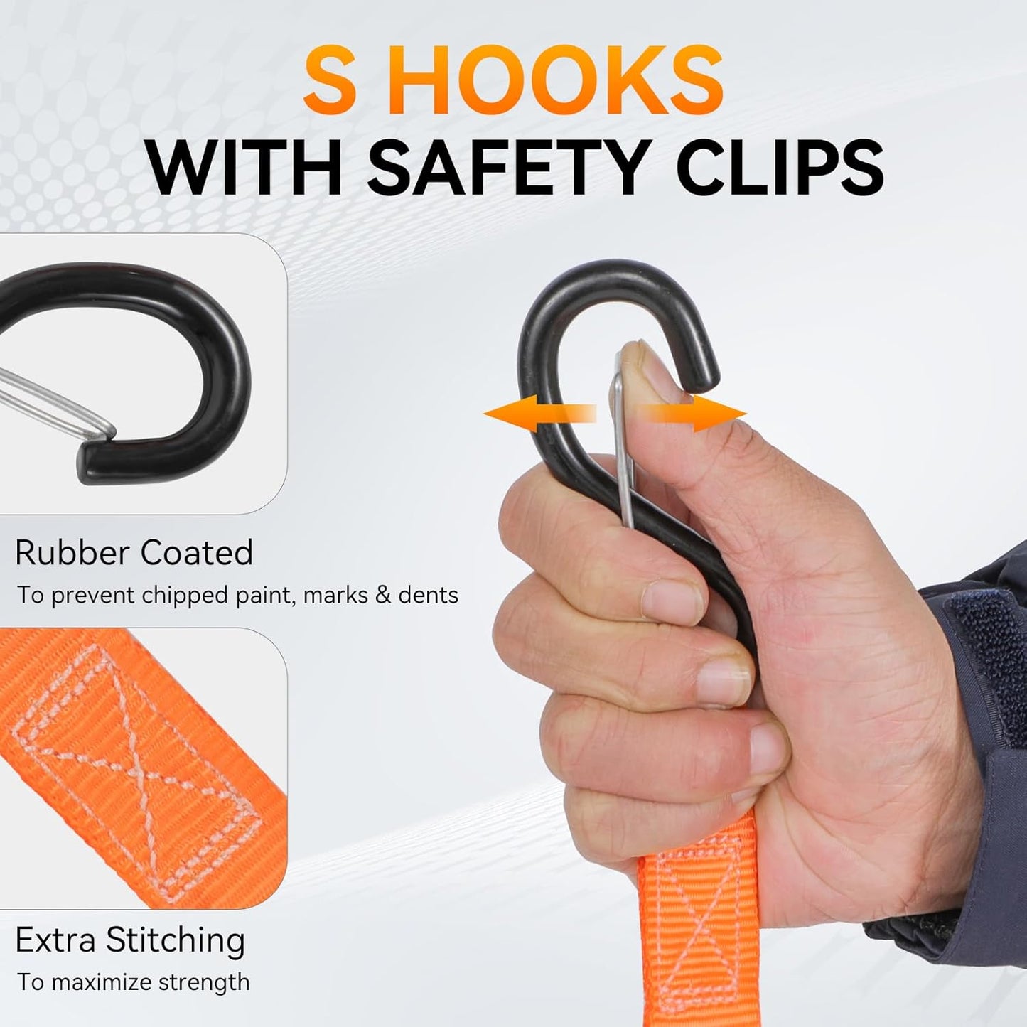 4 Pzas Correas Trinquete 1500lb Naranjas con Ganchos S y Clips