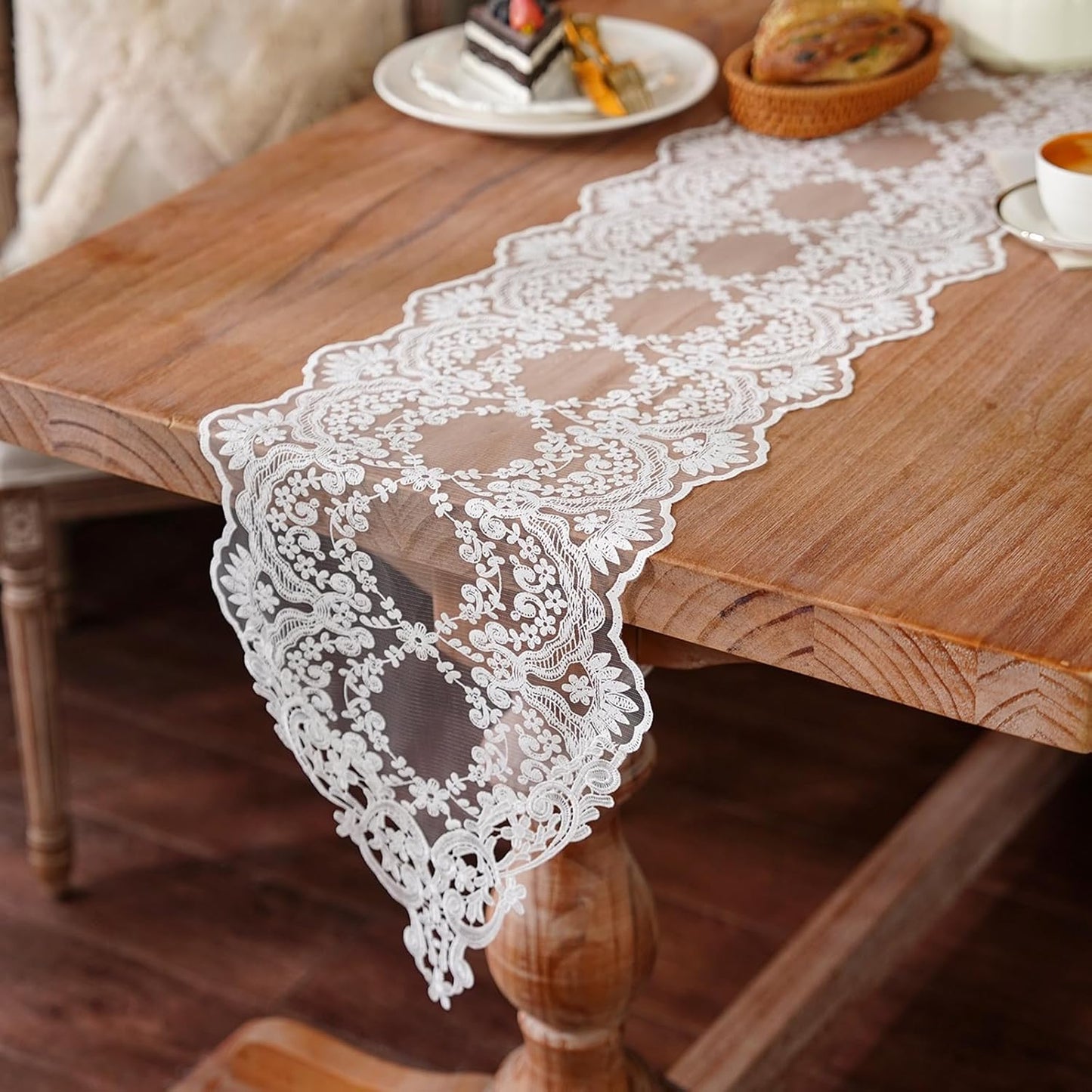 Caminos mesa blanco patrón flores vintage 12x48pulg