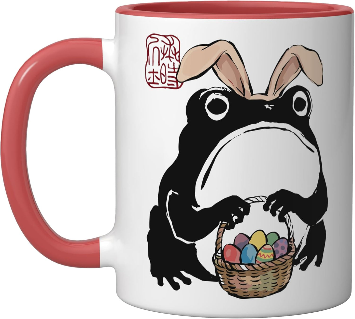 Taza de cerámica Grumpy Frog con diseño de conejo de Pascua rojo y blanco