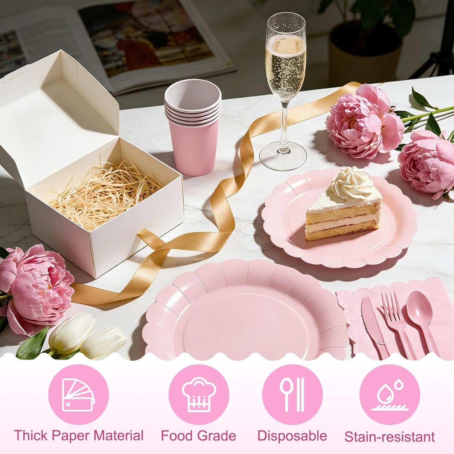 Juego de 168 platos y servilletas rosa incluye platos festoneados 9" y postre 7", servilletas tazas cubiertos para cumpleaños boda picnic