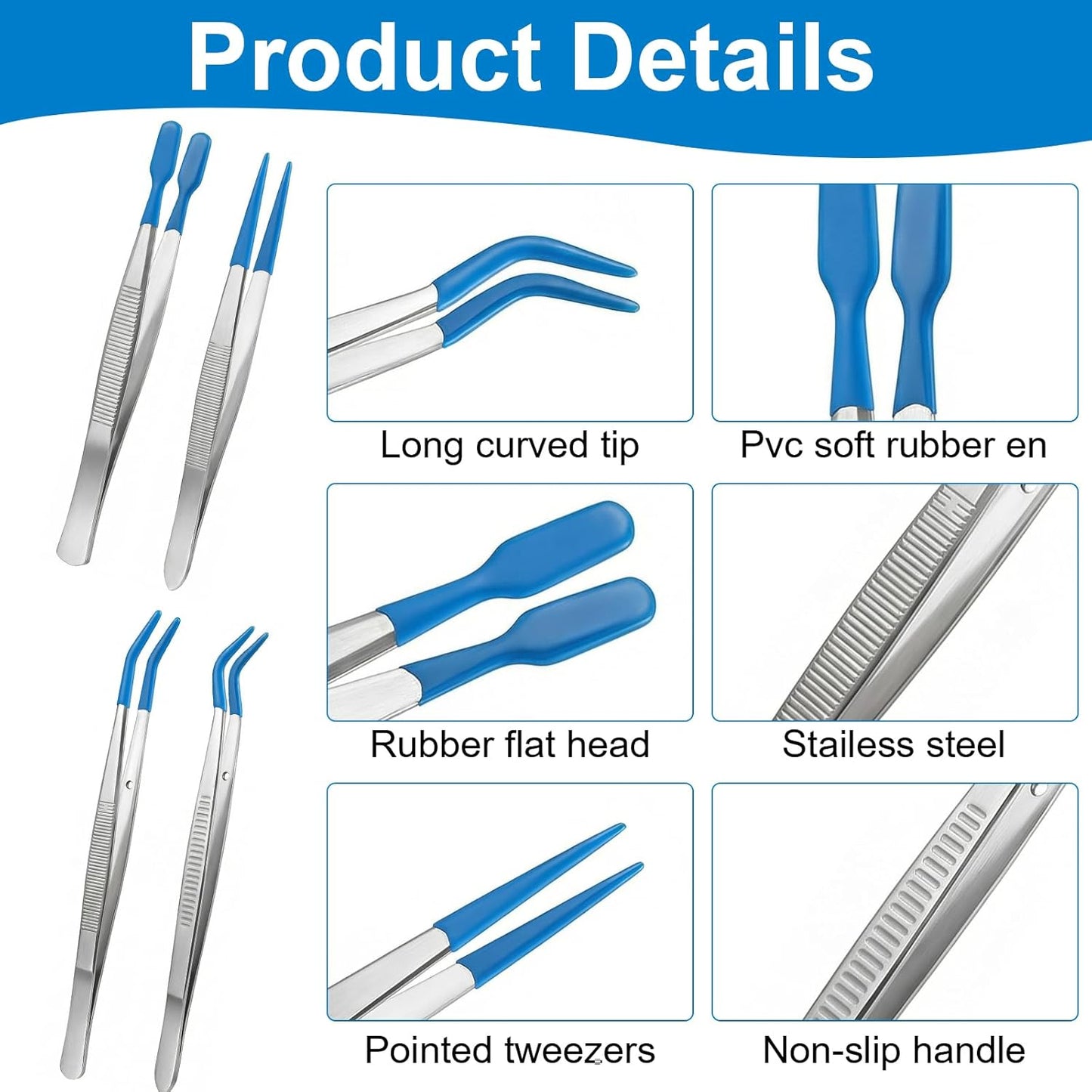 4 Pinzas Acero Inox Punta Goma Recubiertas PVC