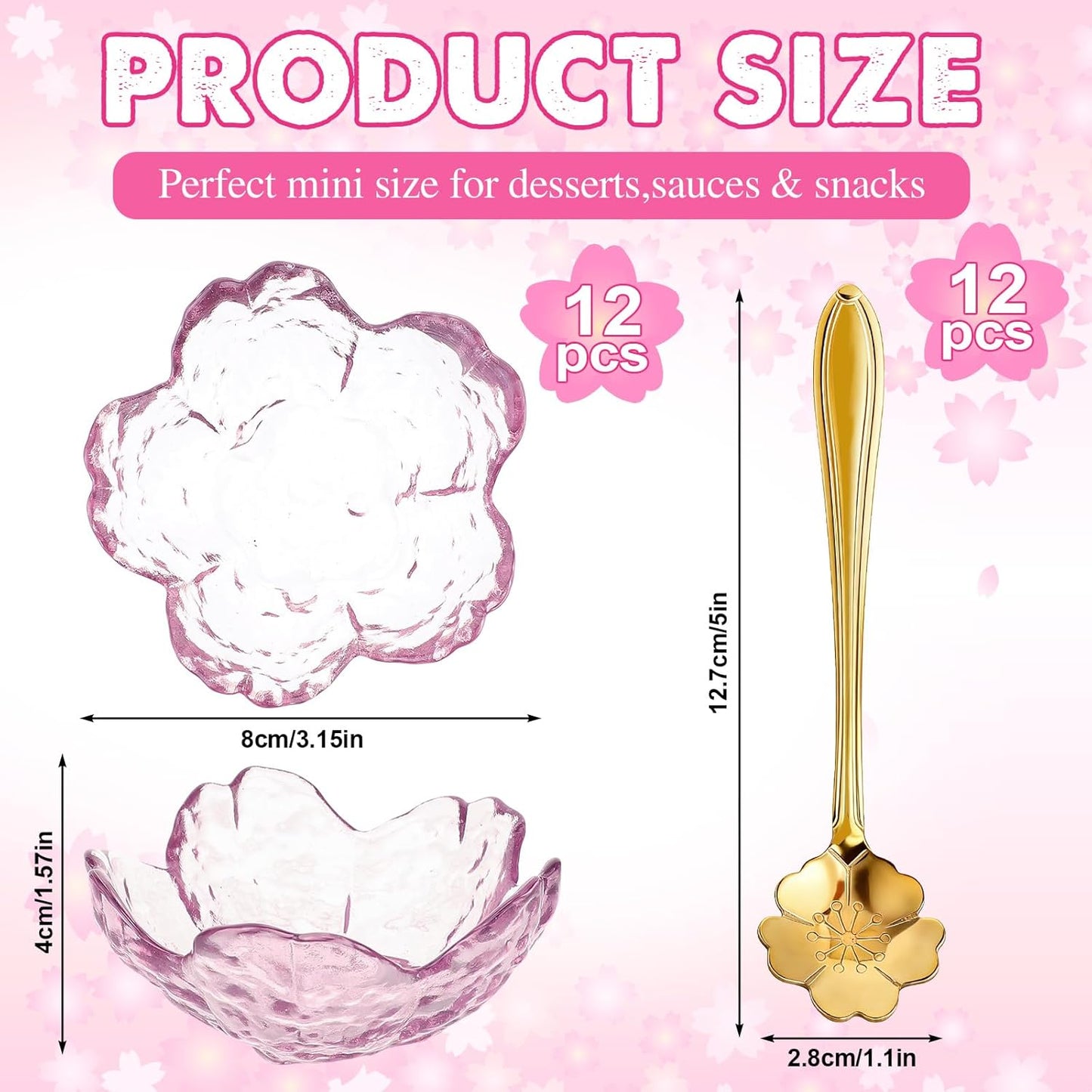 Juego de 12 cuencos Sakura con cucharas de flores y platos rosados para sushi y postres