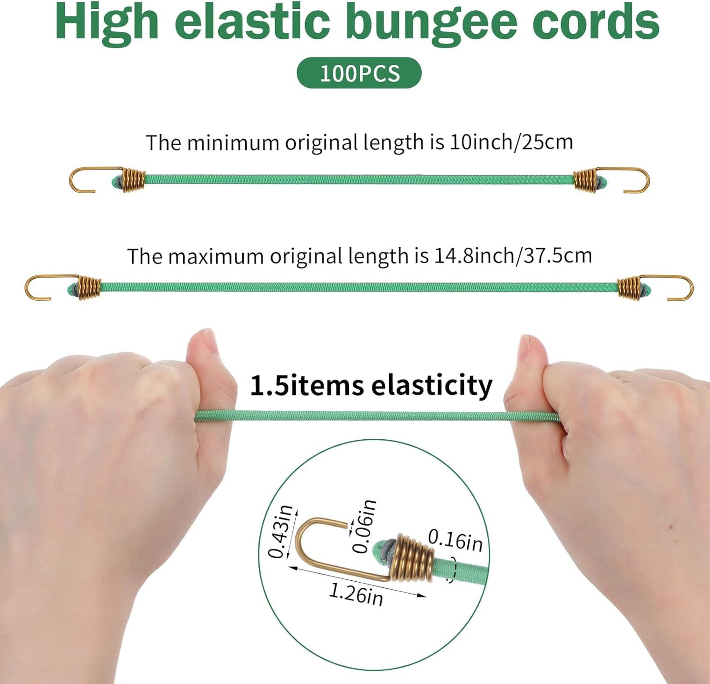 100 Correas elásticas 10pulg con ganchos verde