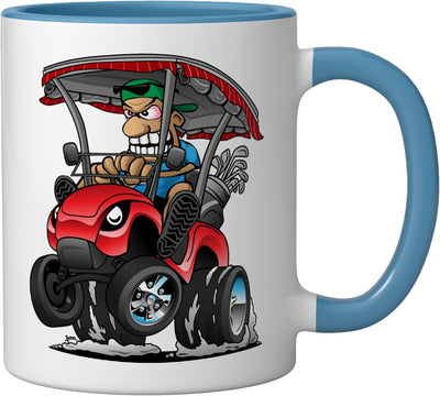 Taza cerámica con diseño humorístico de carrito de golf azul/blanco