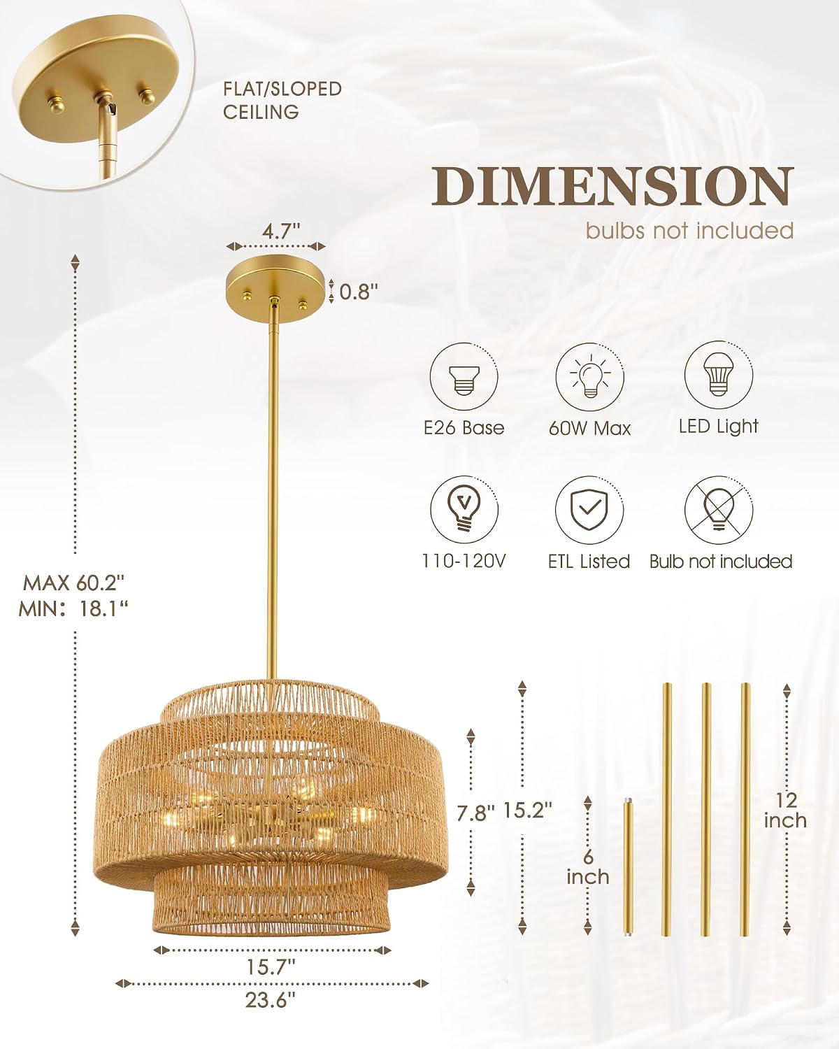 Lámpara araña ratán bohemio 24pulg 6 luces dorado sala