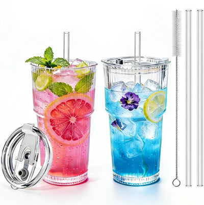 Vaso vidrio acanalado 20oz con tapa pajita set 2 para café helado