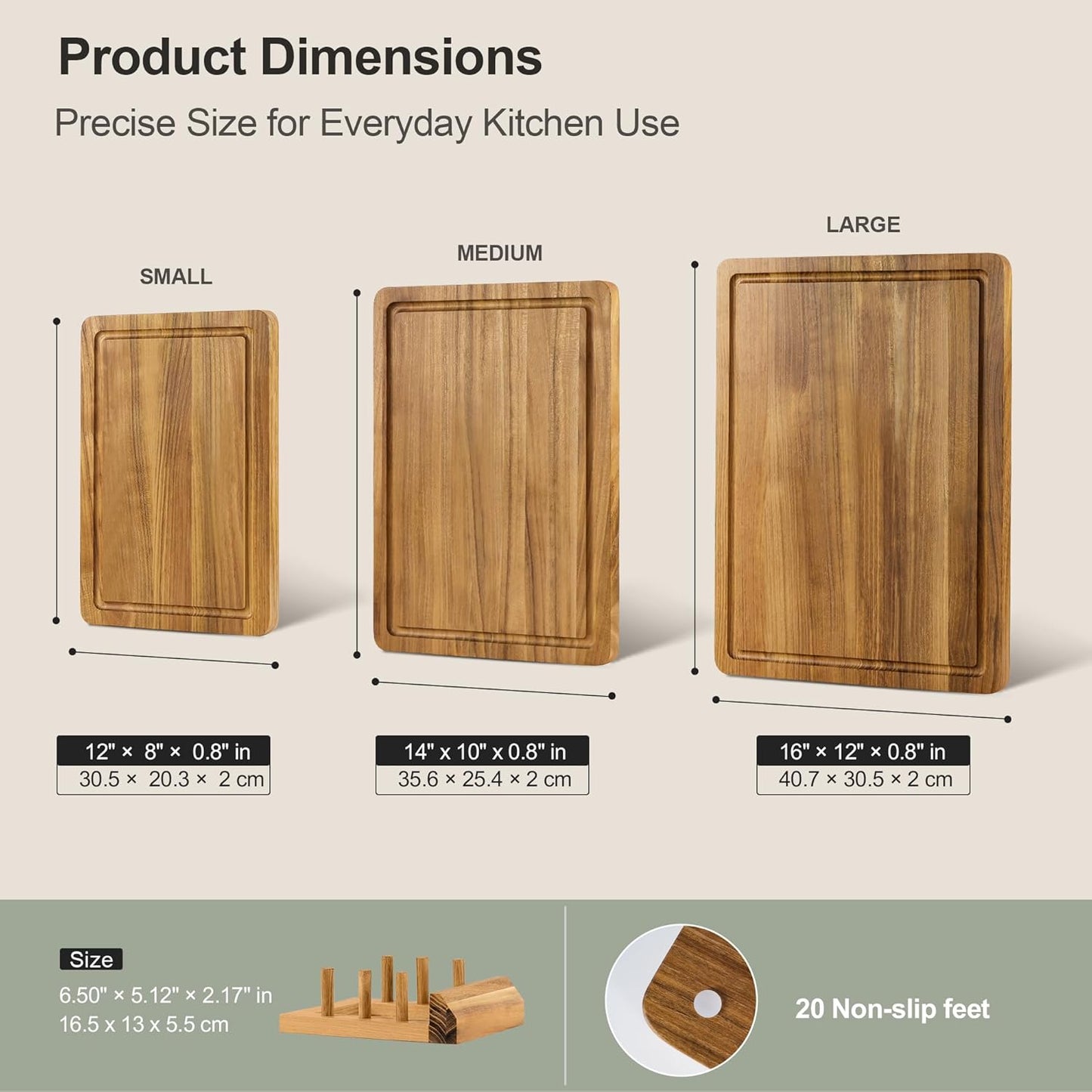 Juego de tablas de cortar de madera de teca 3 piezas con soporte