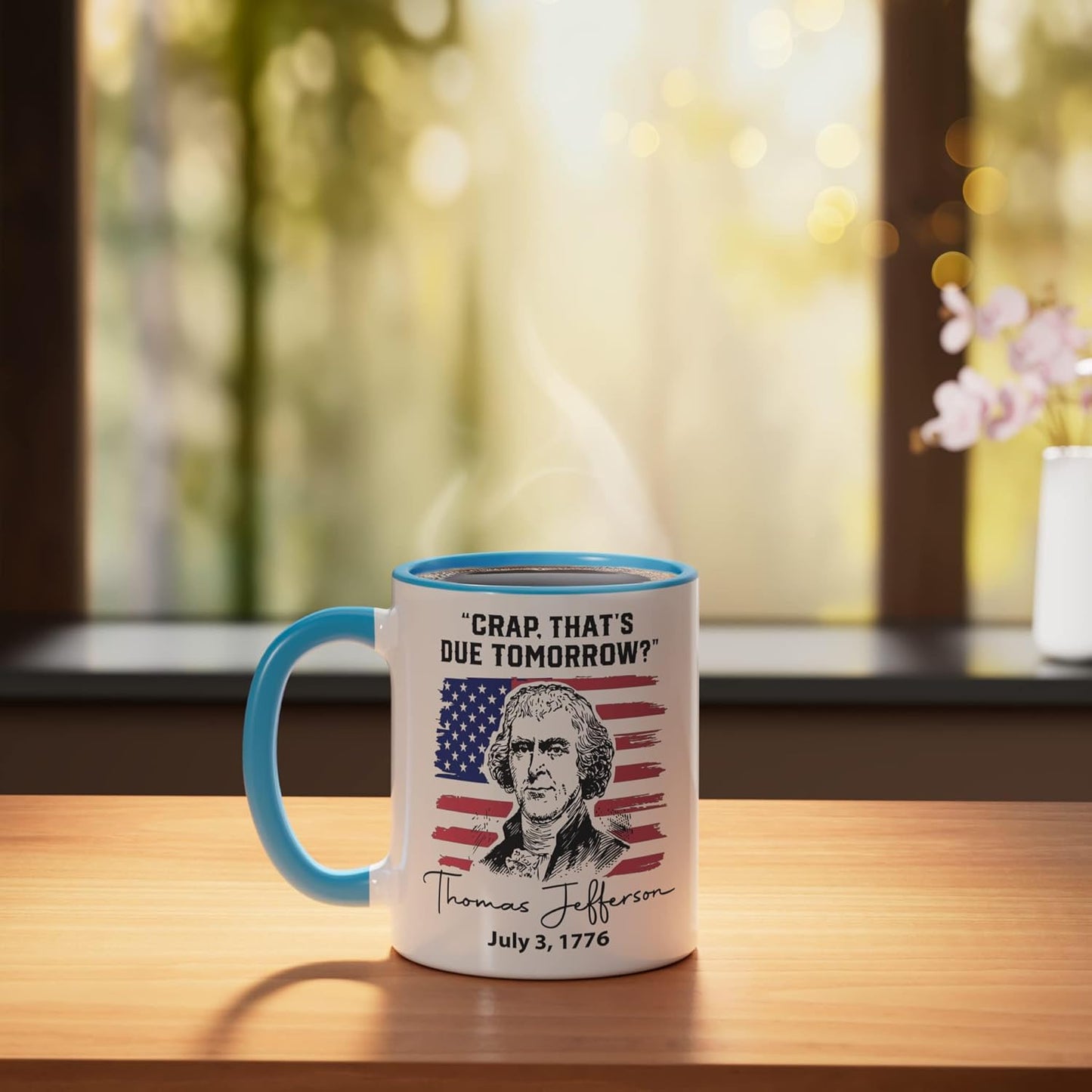 Taza cerámica de Thomas Jefferson 4 de Julio azul/blanco