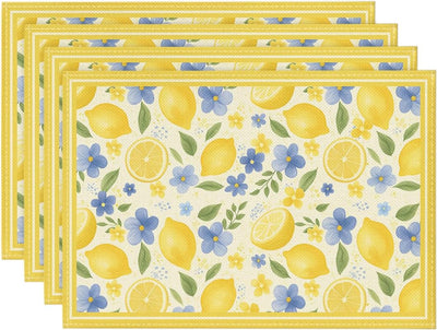 Juego de 4 manteles individuales de verano con hojas de limón y flores