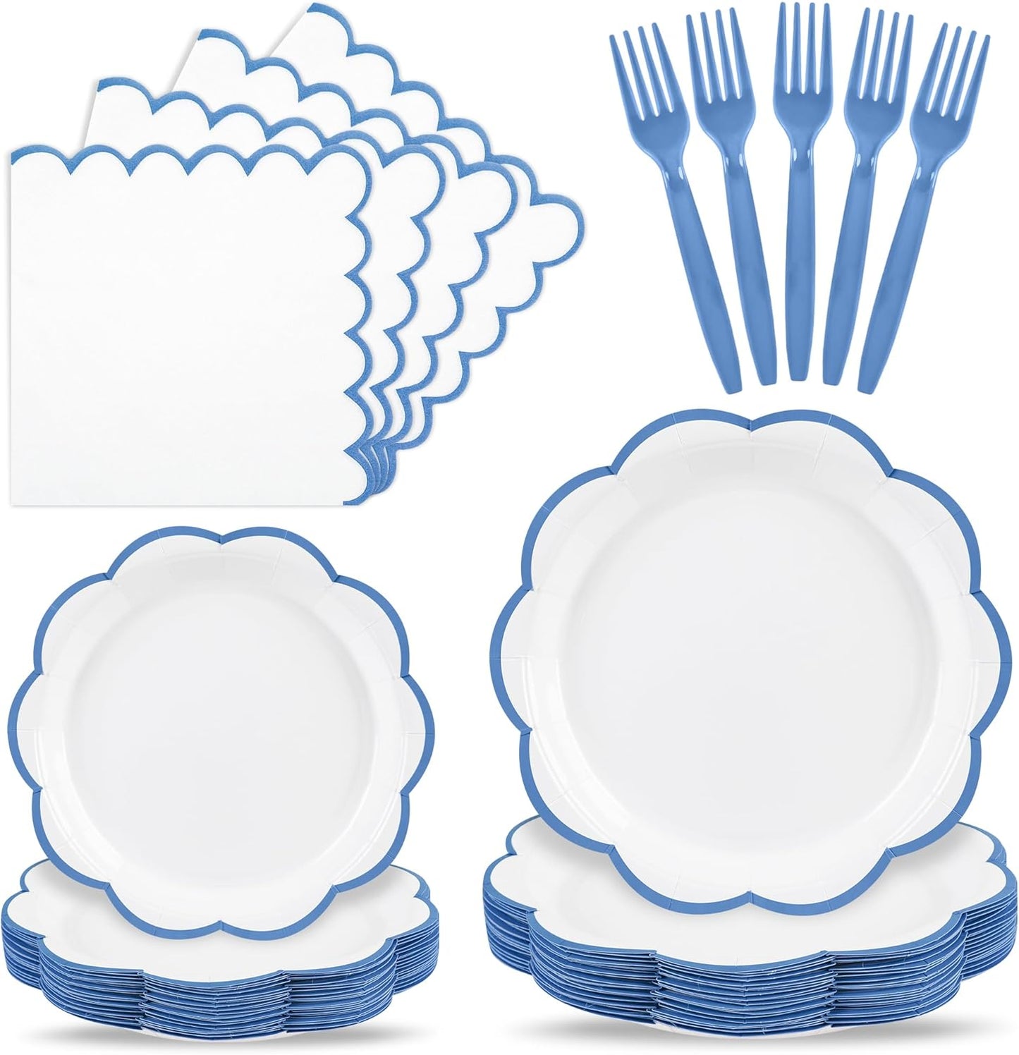 Juego de 96 platos y servilletas azules y blancas para 24 invitados