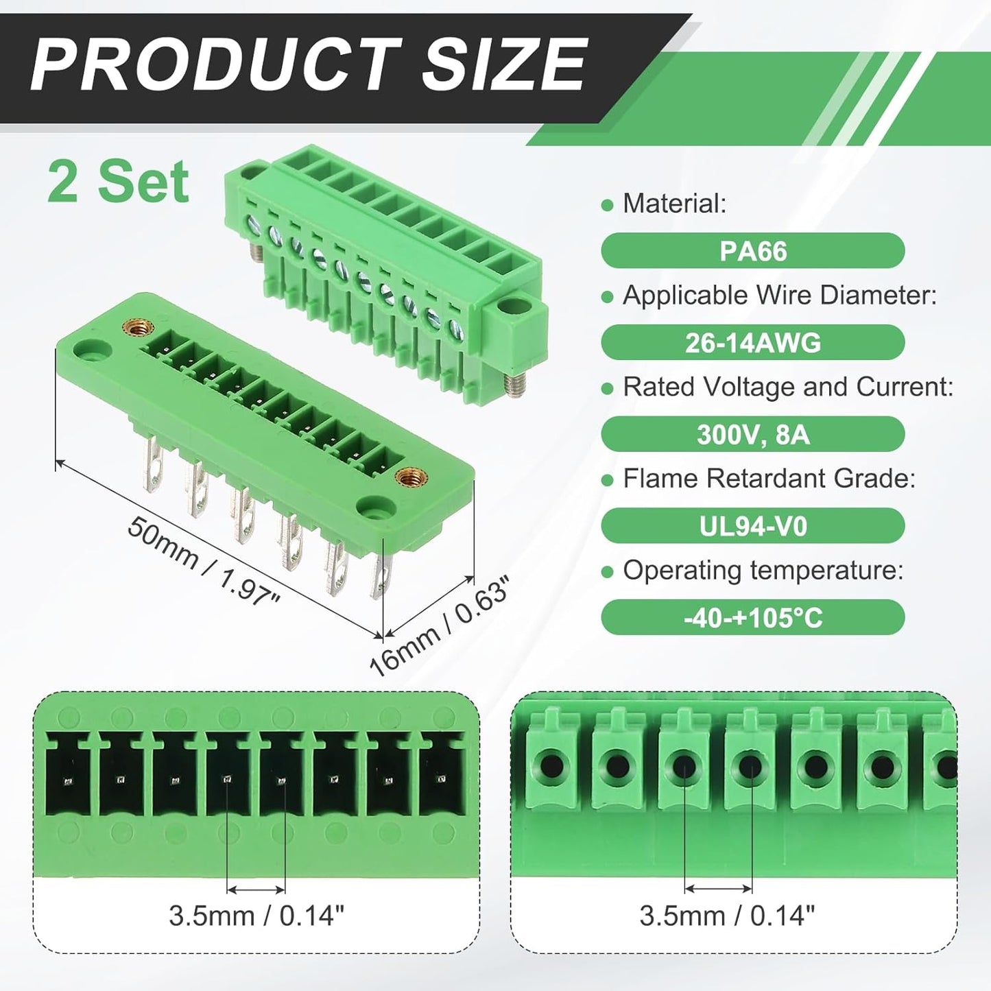 Set 2 Conectores PCB 10 Pines 0.138pulgada PA66 300V