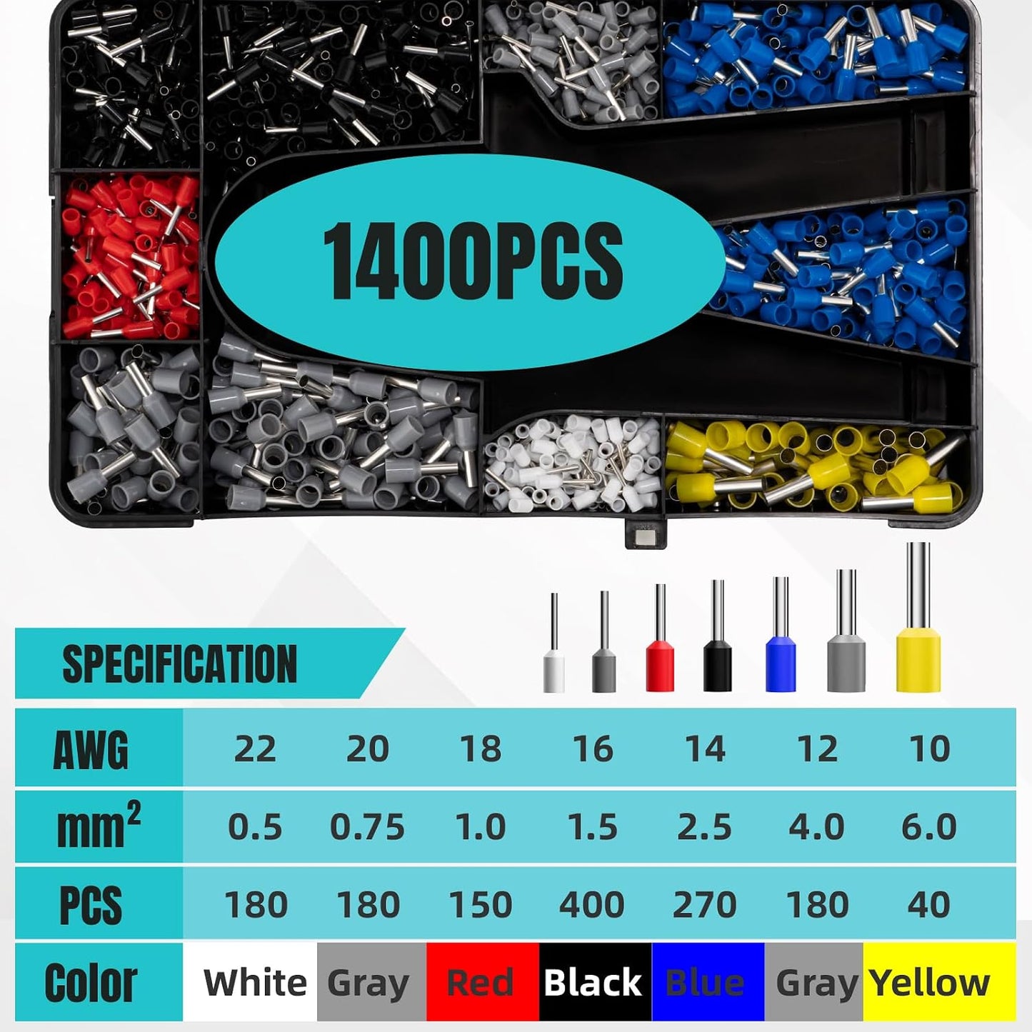 Kit crimpadora virolas 1400 terminales AWG 23-10