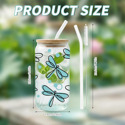 Taza vidrio libélula azul 16oz con tapa y pajita