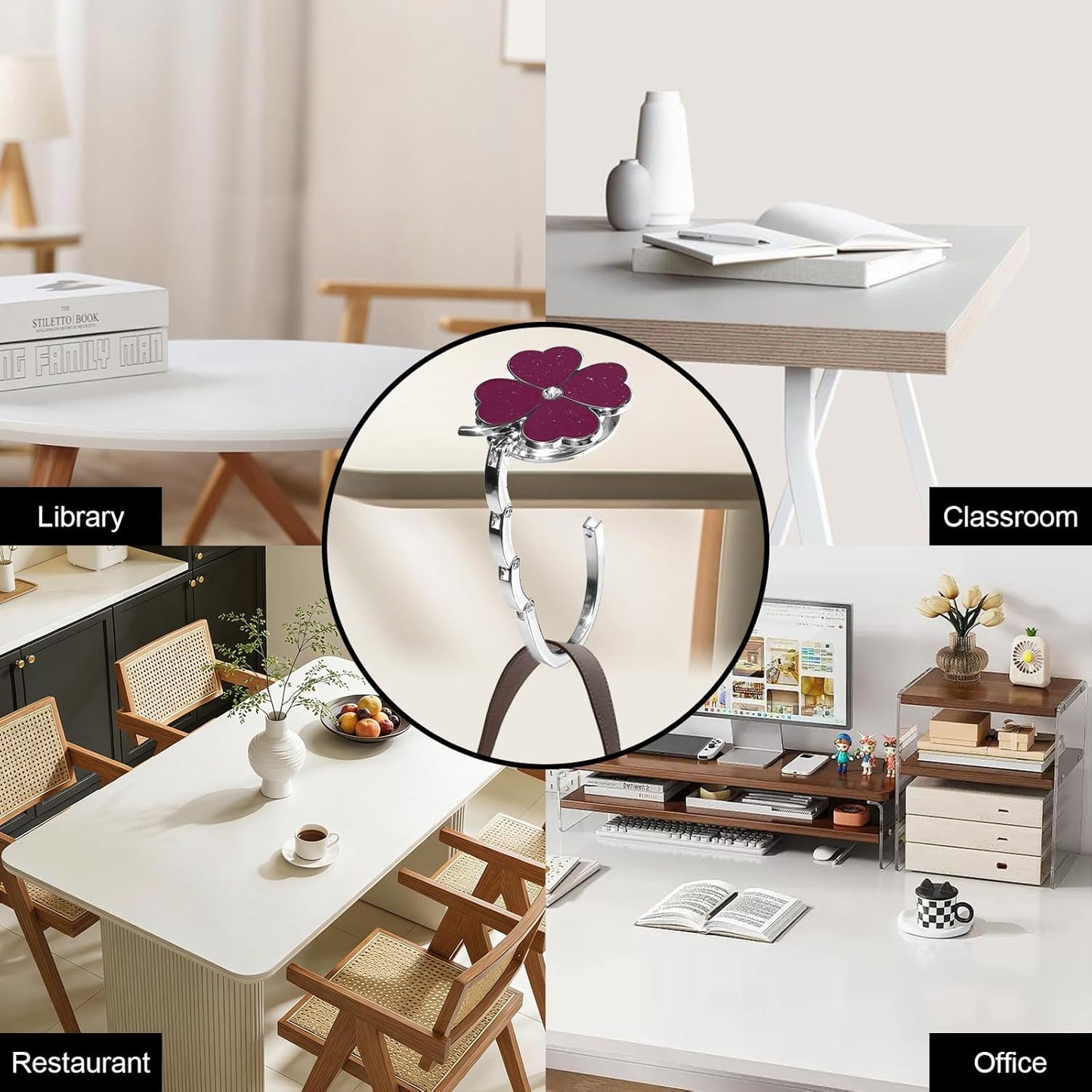 Bolso plegable soporte para mesa blanco y morado