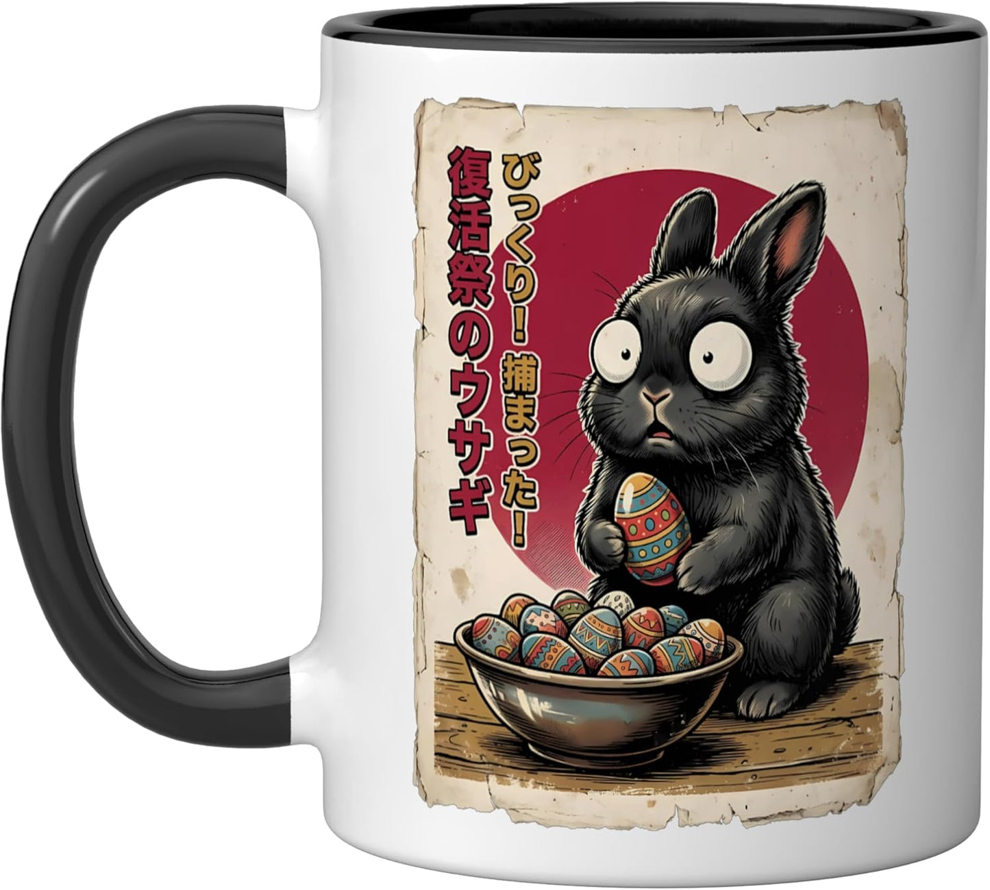 Taza cerámica vintage conejo pascua negro blanco