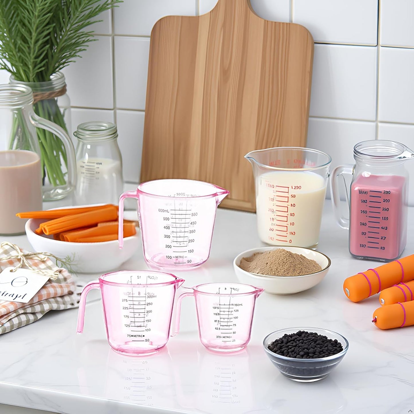 Taza medidora de plástico rosa paquete de 3 con asa para cocinar y hornear