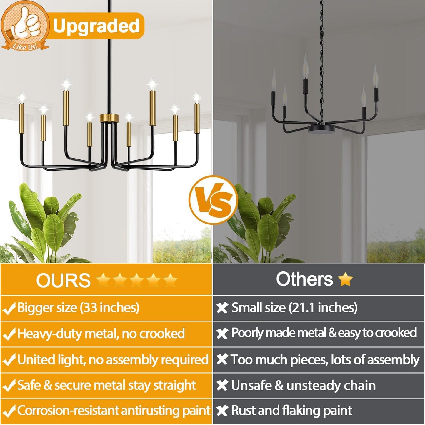 Candelabro 8 luces negro dorado para comedor y sala