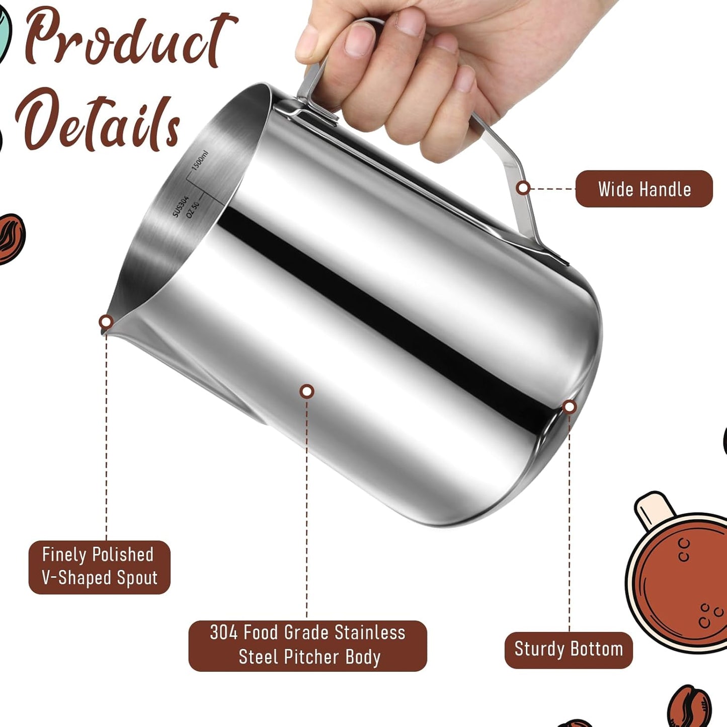 Jarra espuma leche acero inox 304 50oz para espresso capuchino