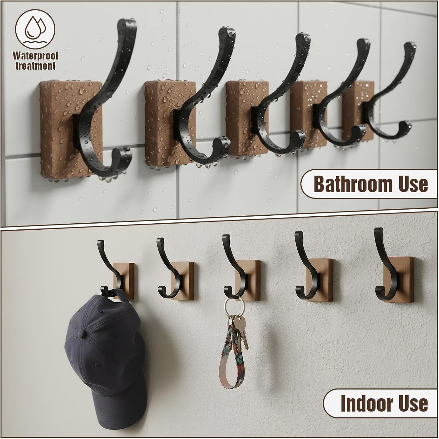 4 Ganchos Pared Madera Nogal Negro Adhesivo Decorativo Rústico