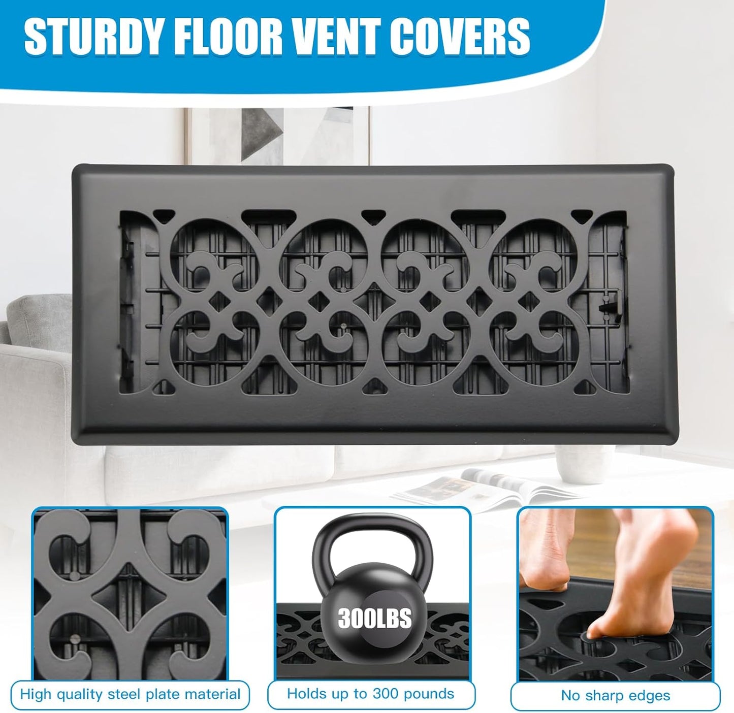 Rejilla ventilación piso 4x10pulg acero negro hogar