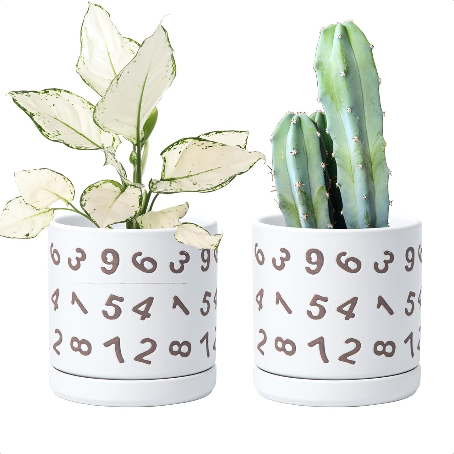 Set 2 Macetas Cerámica 6pulg Con Orificio Drenaje Platillo Blanco