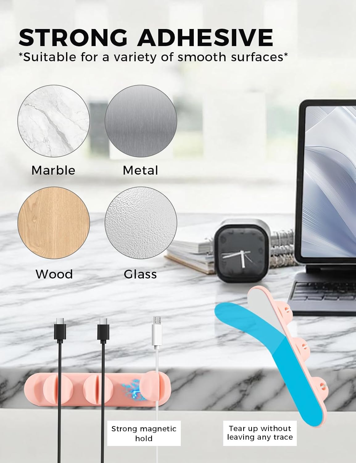 Clips magnéticos silicona adhesivo rosa organización cables