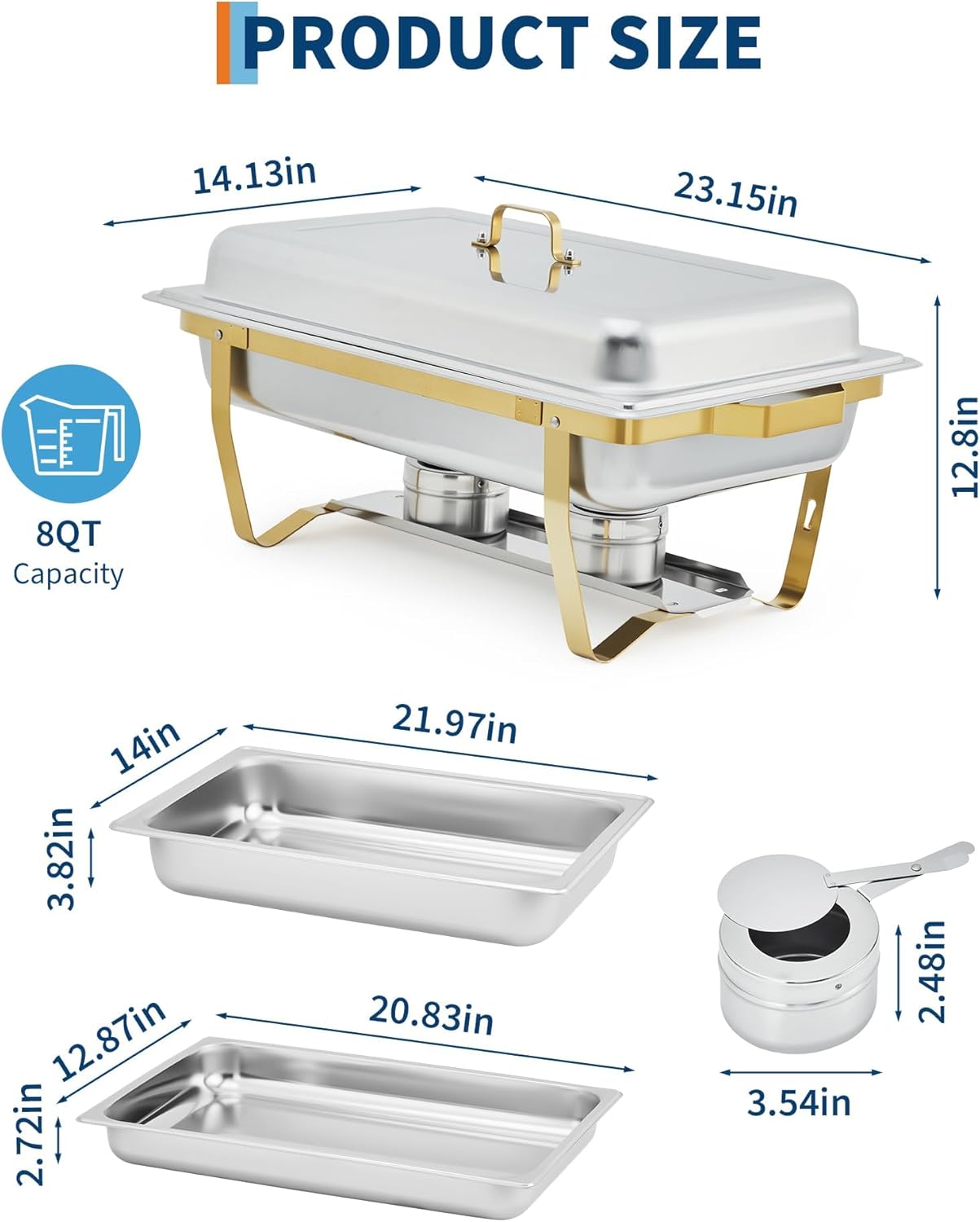 Jgo 2 platos acero inox 8qt con tapa calentador rectangular dorado
