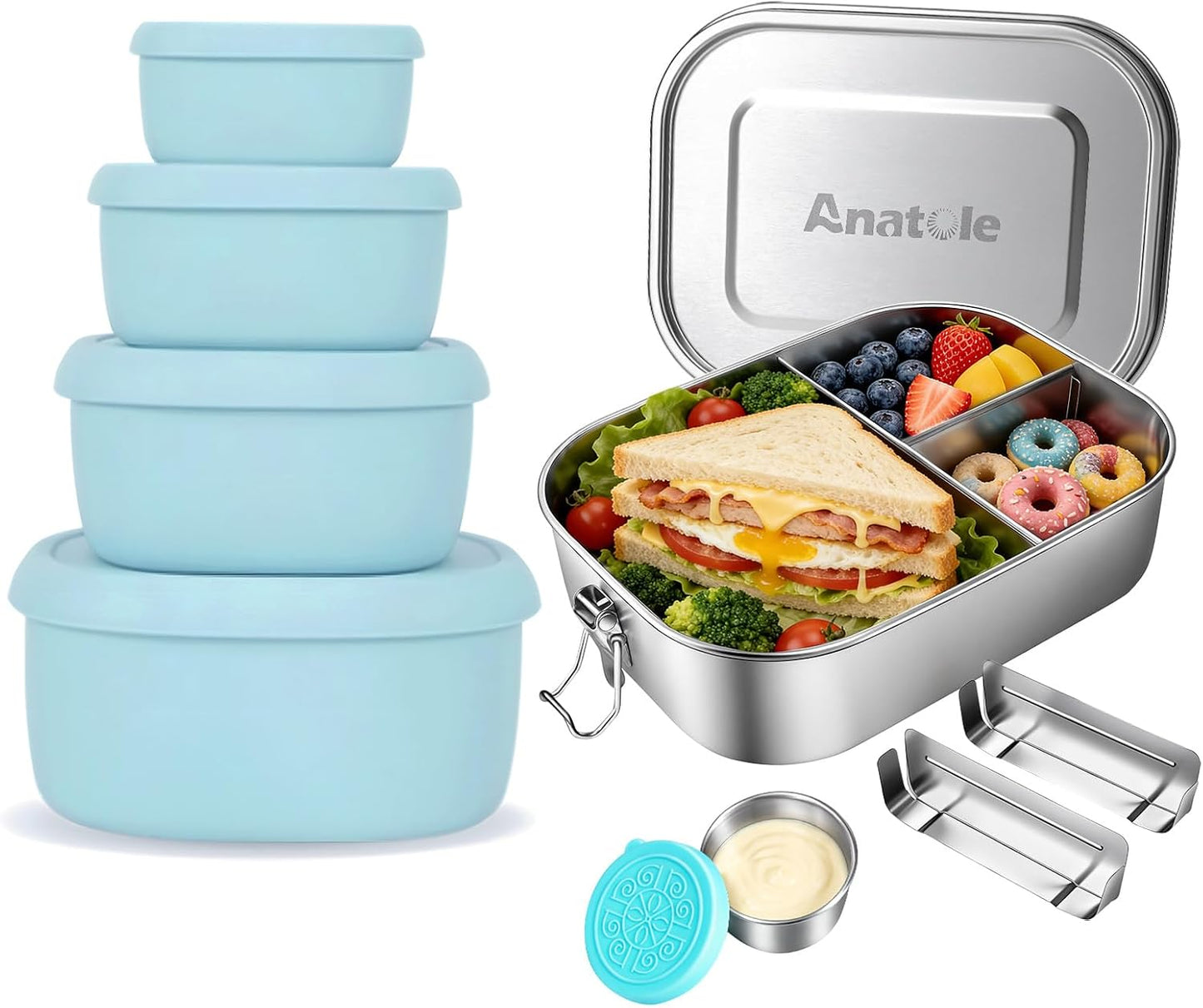 Set 4 Recipientes Silicón Caja Bento Acero Inox