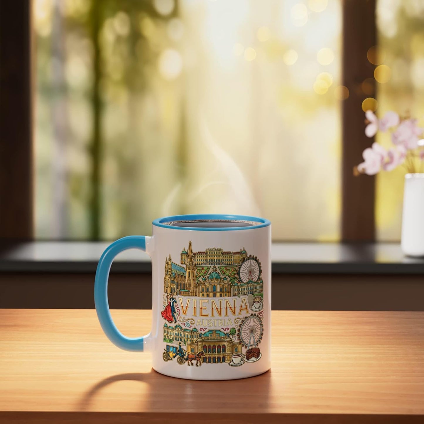 Taza cerámica souvenir de Viena Austria azul/blanco